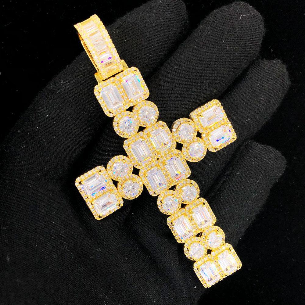 Emerald Cluster Double Cross Iced Out Hip Hop Pendant Yellow Gold HipHopBling