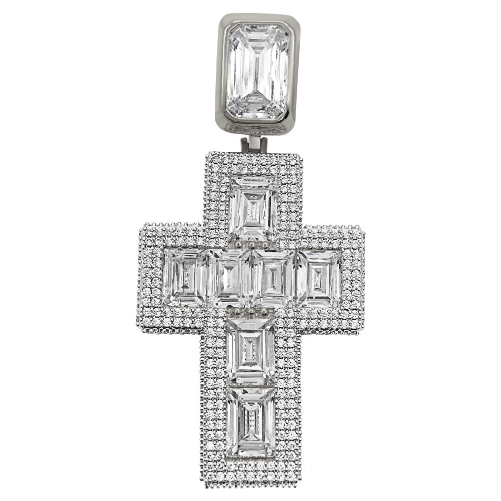 Emerald Cut 3D Cross VVS CZ Hip Hop Iced Out Pendant White Gold HipHopBling