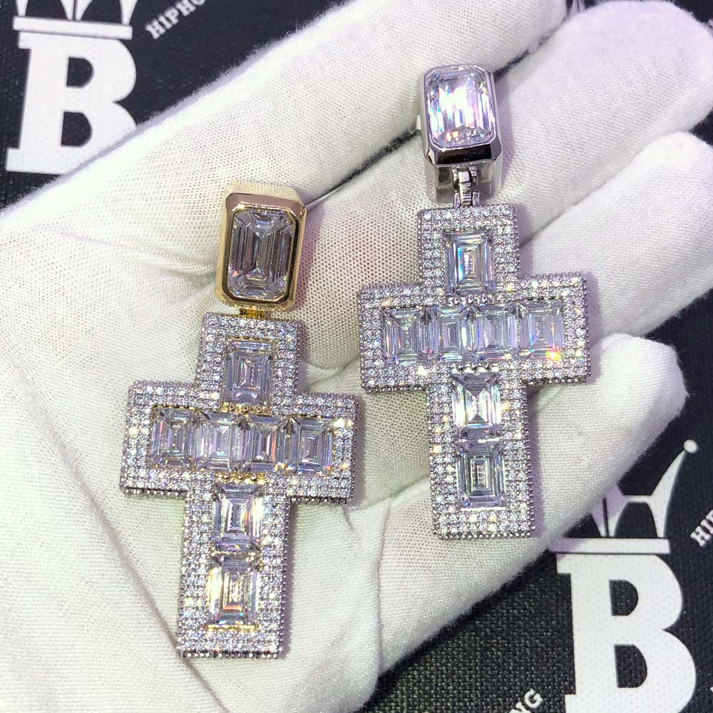 Emerald Cut 3D Cross VVS CZ Hip Hop Iced Out Pendant Yellow Gold HipHopBling