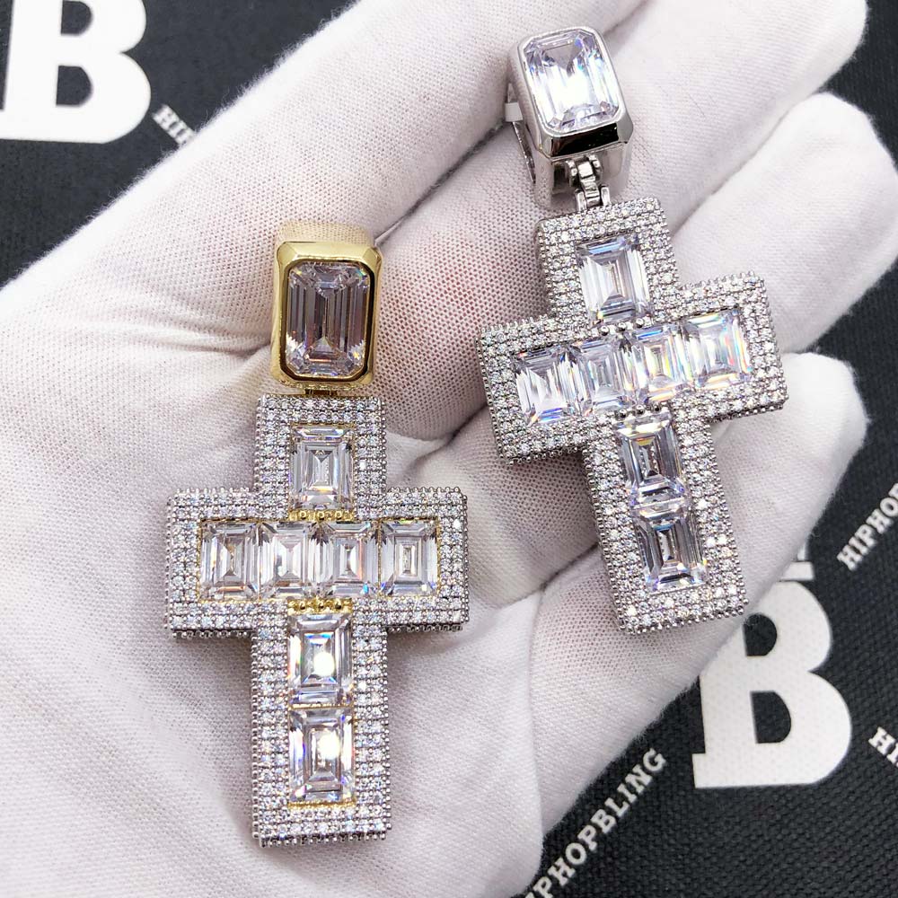 Emerald Cut 3D Cross VVS CZ Hip Hop Iced Out Pendant Yellow Gold HipHopBling