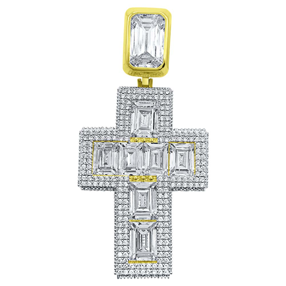 Emerald Cut 3D Cross VVS CZ Hip Hop Iced Out Pendant Yellow Gold HipHopBling