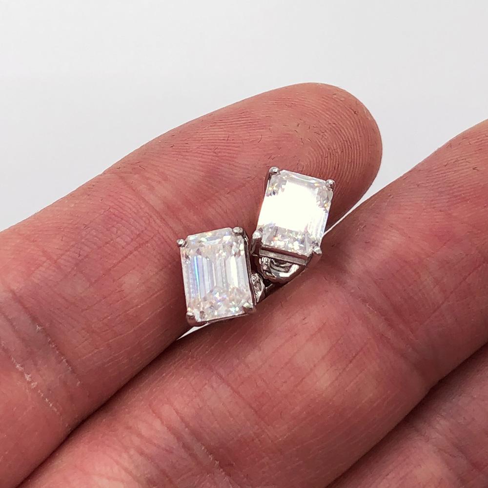 Emerald Cut Moissanite VVS D Stud Earrings .925 Sterling Silver White Gold 4x6MM (1.60 Carats) HipHopBling