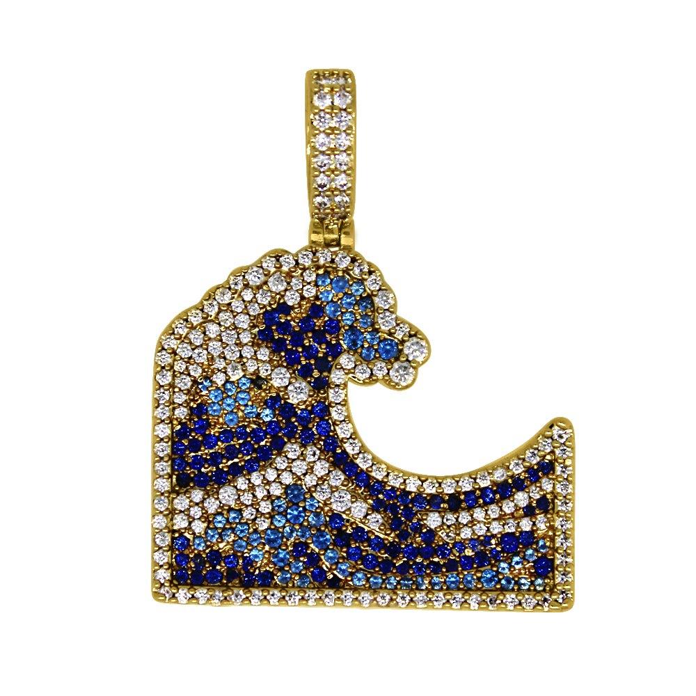 Emoji Blue Ocean Wave Gold Bling Bling Pendant HipHopBling