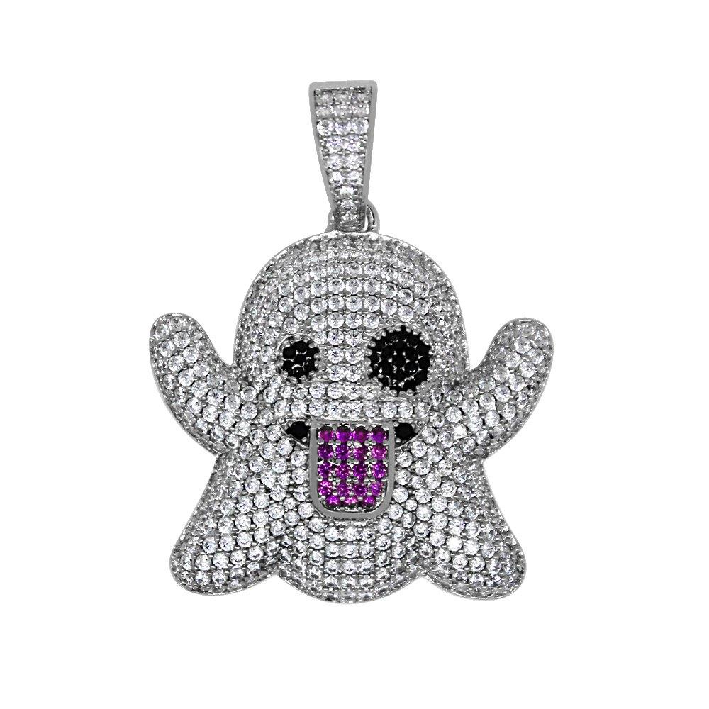 Emoji Ghost Silver CZ Bling Bling Pendant HipHopBling