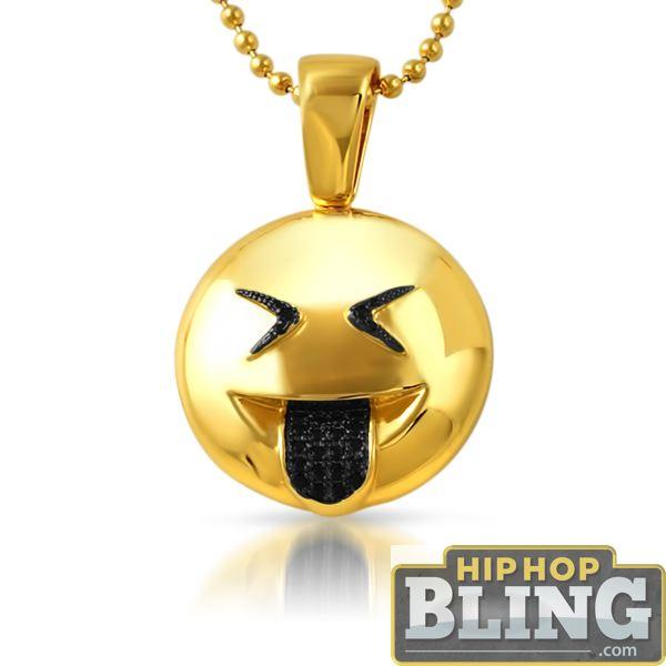 Emoji Sticking Out Tongue Face CZ Gold Bling Bling Pendant HipHopBling