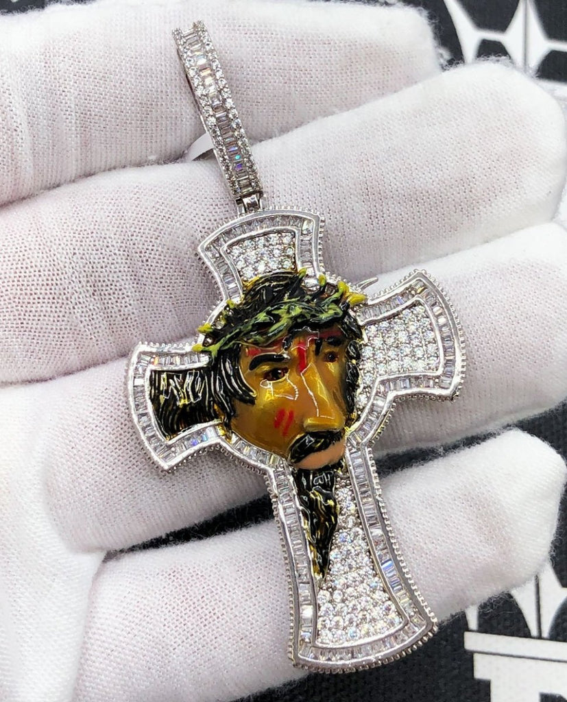 Enamel Jesus 3D Cross CZ Hip Hop Iced Out Pendant Yellow Gold HipHopBling