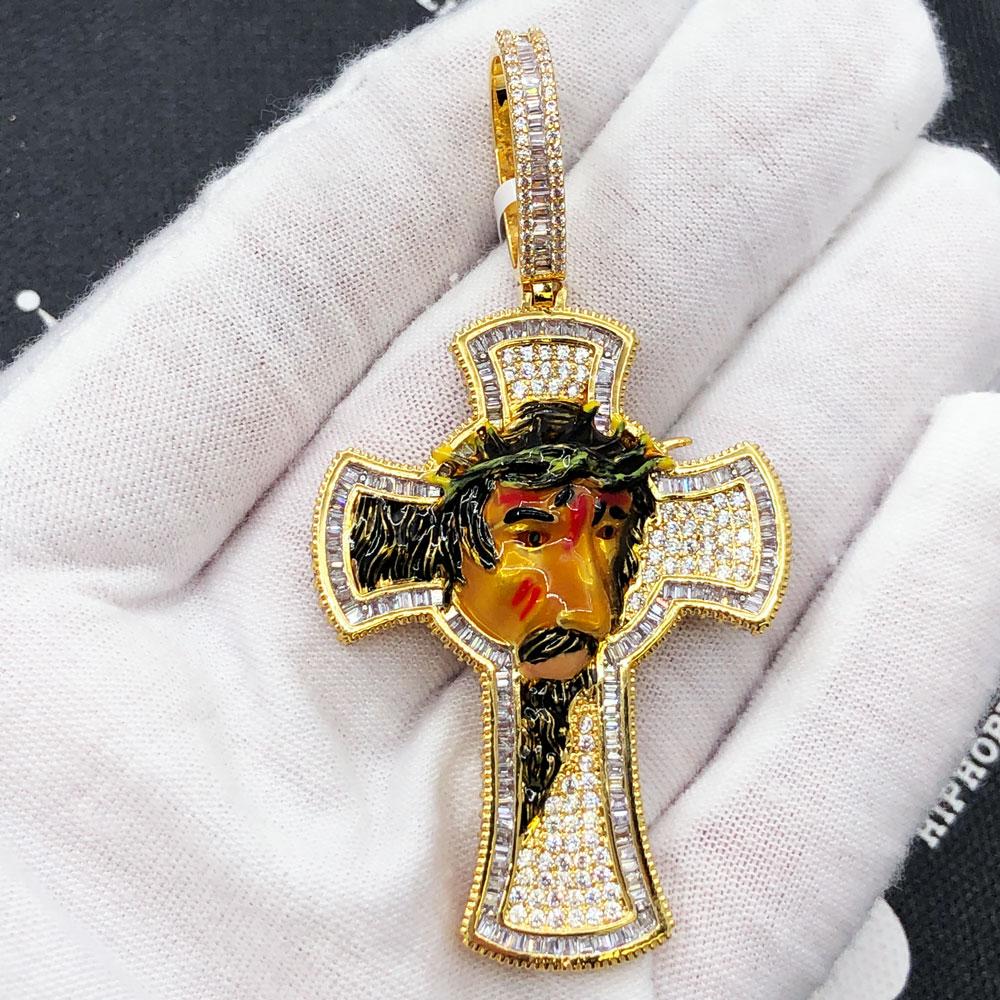 Enamel Jesus 3D Cross CZ Hip Hop Iced Out Pendant Yellow Gold HipHopBling
