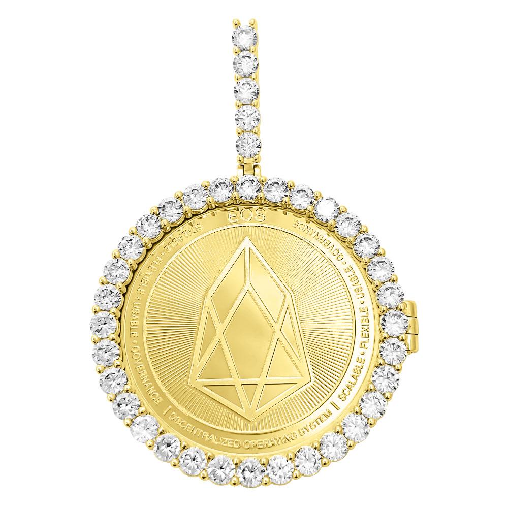 EOS Coin Iced Out Frame Pendant Yellow Gold Tennis CZ Frame HipHopBling