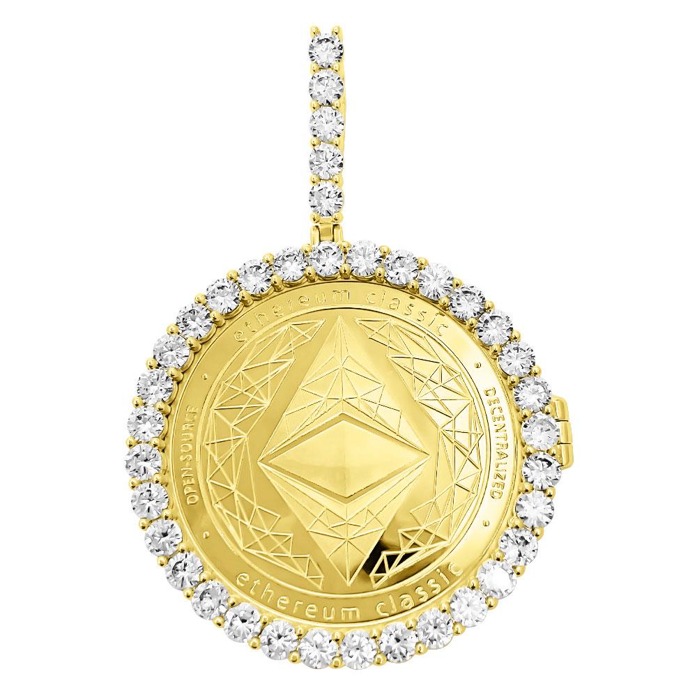 Ethereum Classic Coin Iced Out Frame Pendant Yellow Gold Tennis CZ Frame HipHopBling
