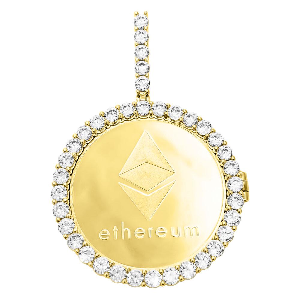 Ethereum Coin Iced Out Frame Pendant Yellow Gold Tennis CZ Frame HipHopBling