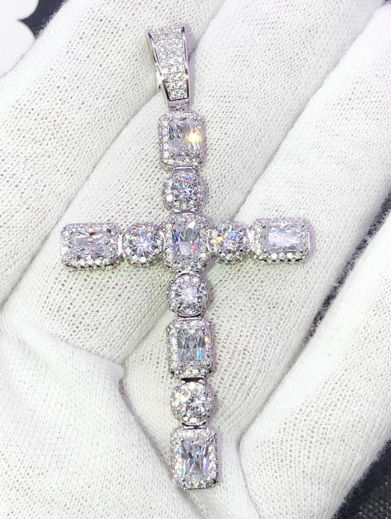Exotic Gem Cluster Cross VVS CZ Hip Hop Iced Out Pendant White Gold HipHopBling