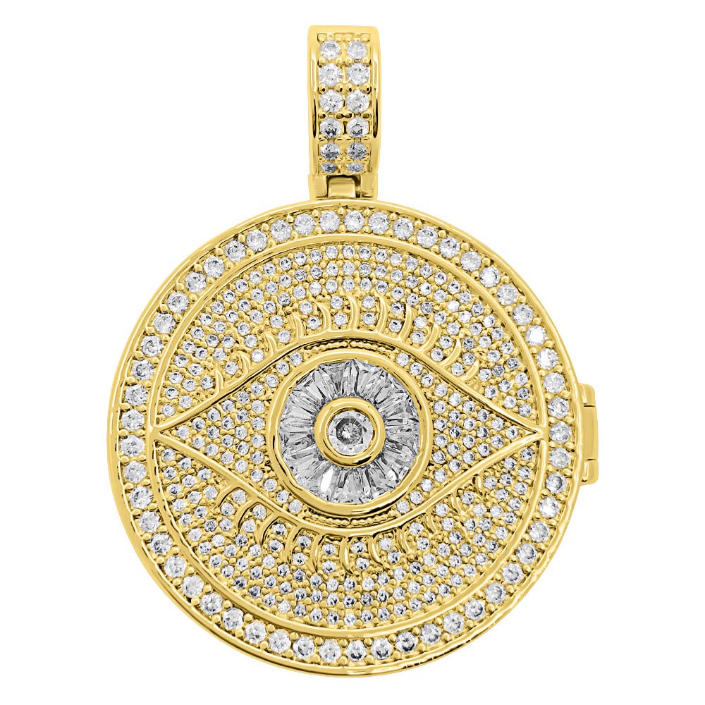 Eye Circle Medallion Iced Out Hip Hop Bling Pendant Yellow Gold HipHopBling