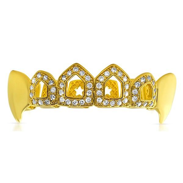 Fang Open Tooth Gold CZ Bling Bling Grillz Top HipHopBling