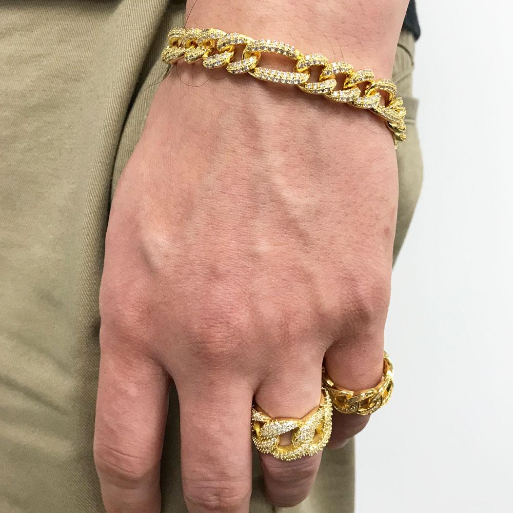Figaro 10MM Iced Out Bracelet Yellow Gold 7" HipHopBling