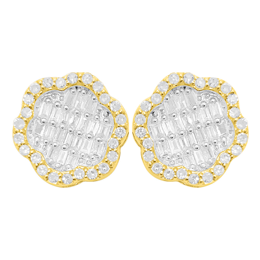 Flower Baguette Diamond Earrings .37cttw 10K Yellow Gold HipHopBling