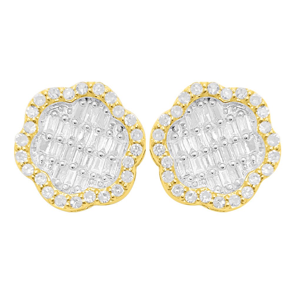 Flower Baguette Diamond Earrings .37cttw 10K Yellow Gold HipHopBling