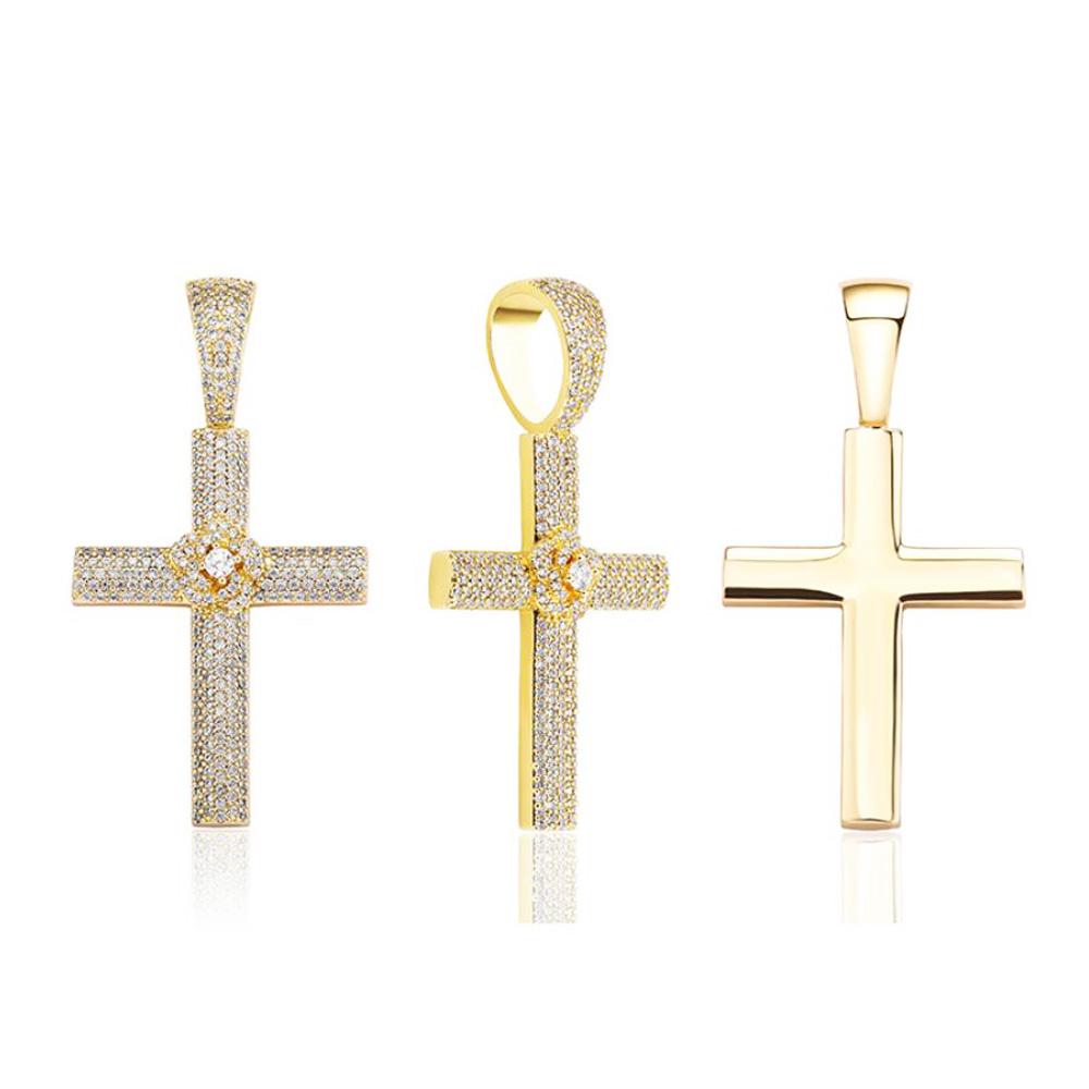 Flower Cross CZ Iced Out Hip Hop Bling Pendant Yellow Gold HipHopBling