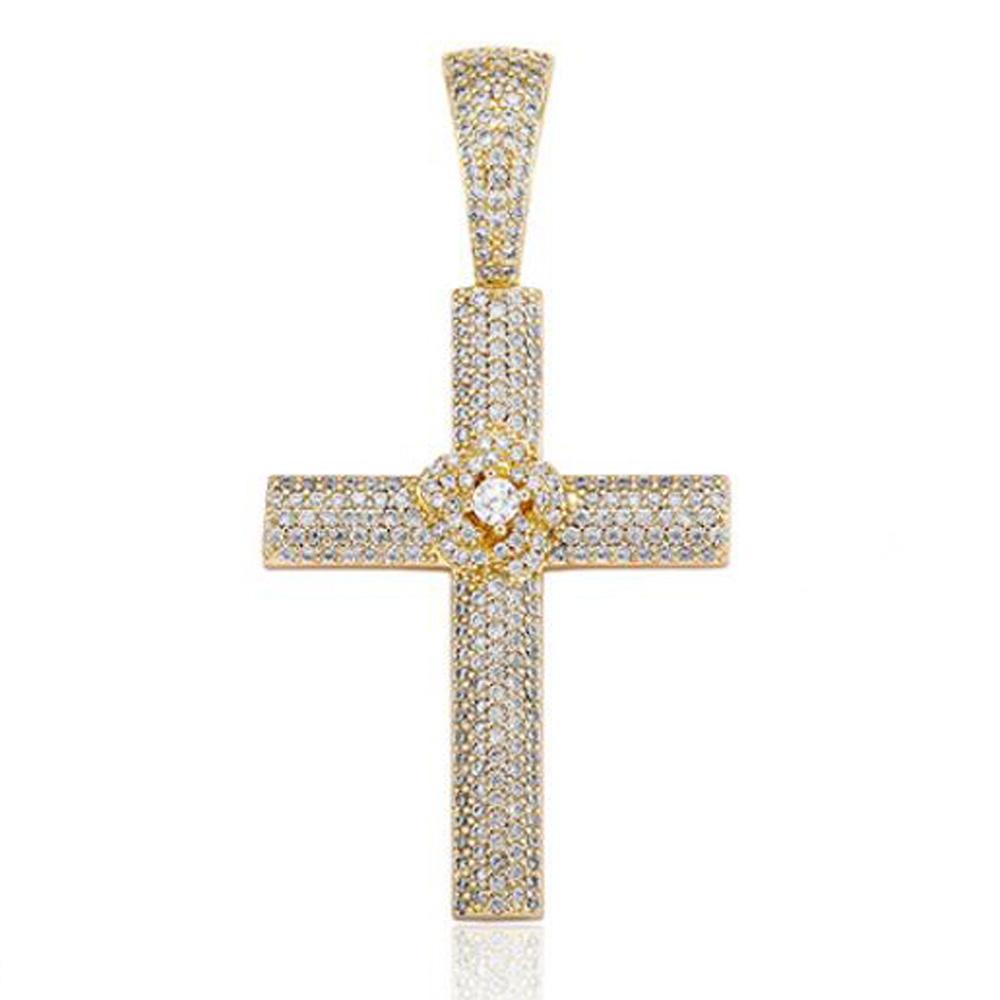 Flower Cross CZ Iced Out Hip Hop Bling Pendant Yellow Gold HipHopBling