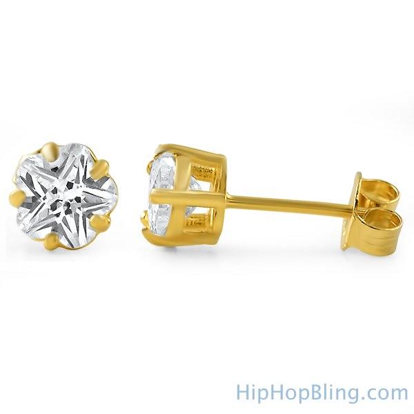 Flower Cut CZ Stud Earrings Gold .925 Silver 4MM HipHopBling