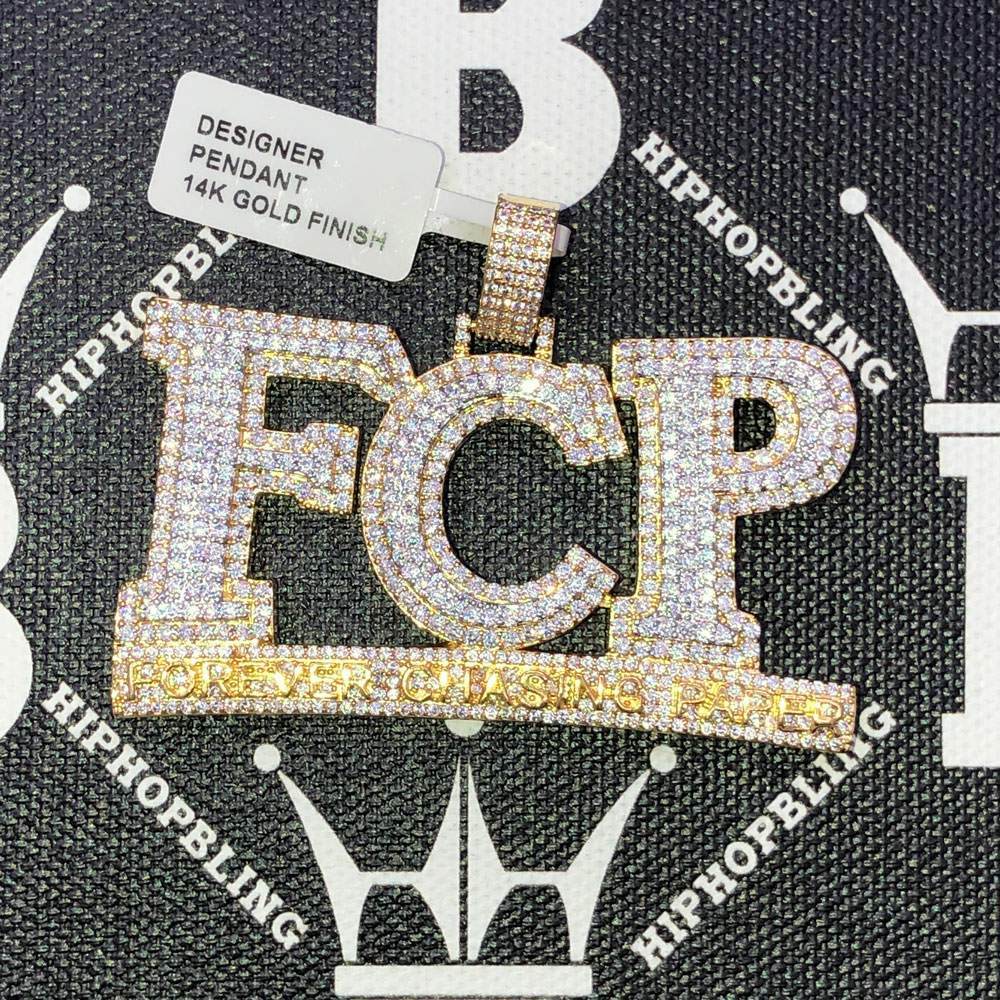 Forever Chasing Paper CZ Hip Hop Bling Bling Pendant Yellow Gold HipHopBling