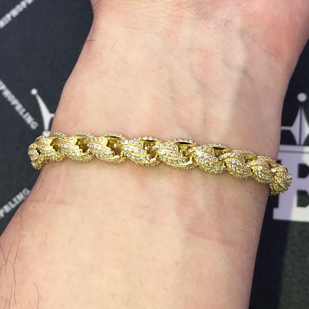 French Rope 8MM VVS CZ Iced Out Hip Hop Bracelet Yellow Gold 8" HipHopBling