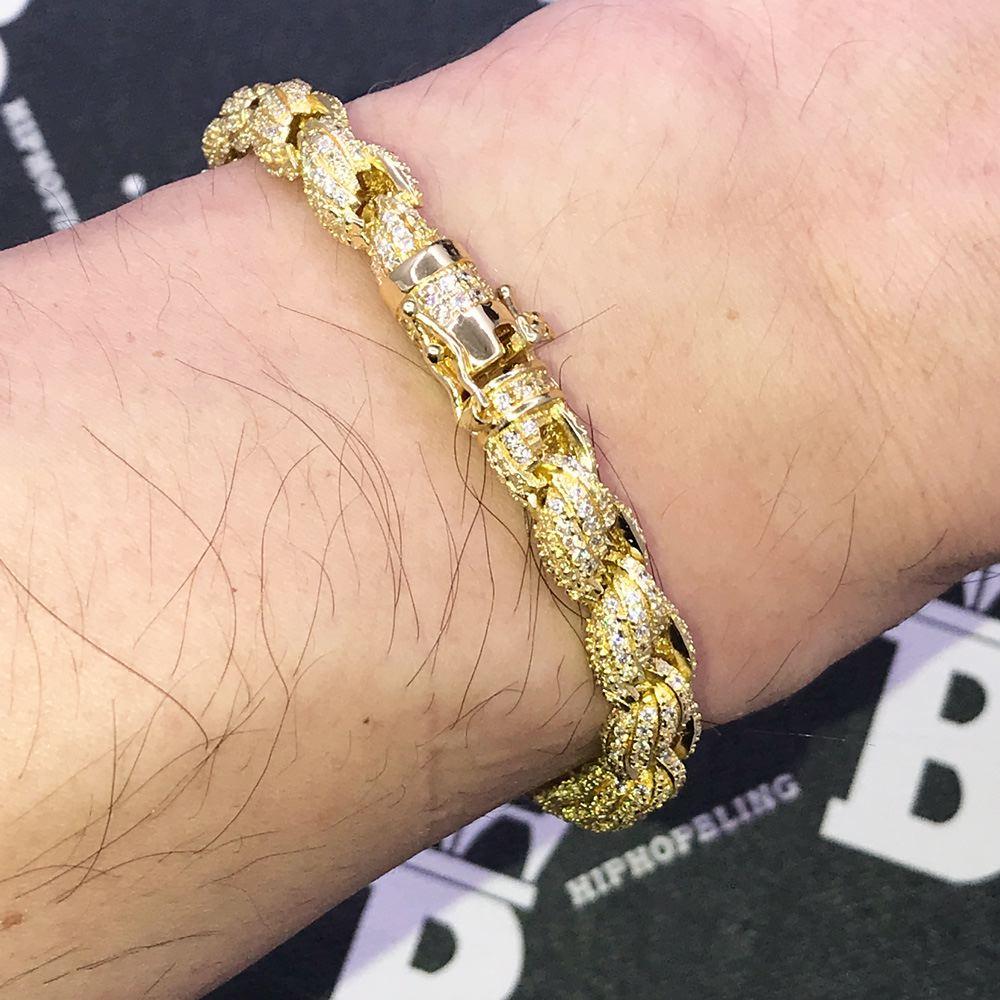 French Rope 8MM VVS CZ Iced Out Hip Hop Bracelet Yellow Gold 8" HipHopBling