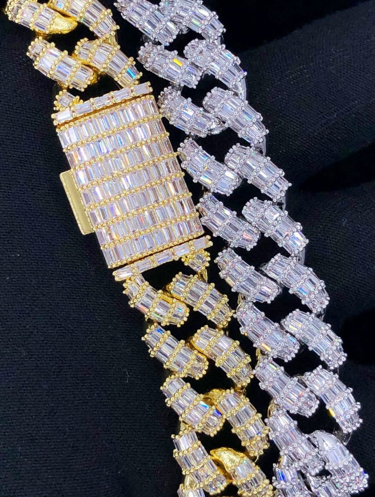 Full Baguette Cuban Hip Hop Bling Bling CZ Iced Out Chain Yellow Gold 18" HipHopBling