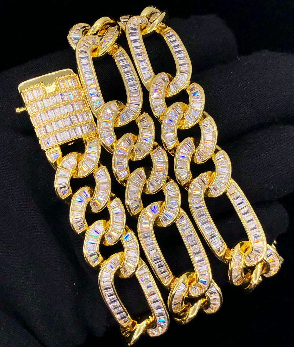 Full Baguette Figaro Hip Hop Bling Bling CZ Iced Out Chain White Gold 18" HipHopBling