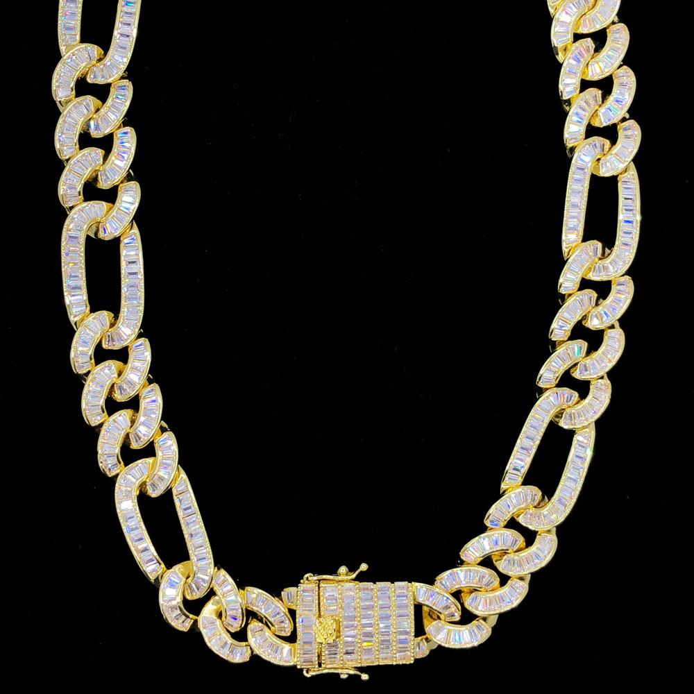 Full Baguette Figaro Hip Hop Bling Bling CZ Iced Out Chain Yellow Gold 18" HipHopBling