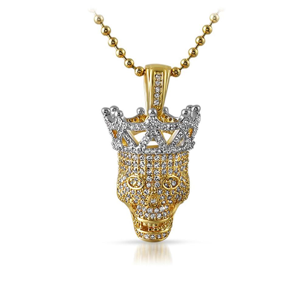 Full Bling 3D Hip Hop Skull Pendant Gold with Silver Crown HipHopBling