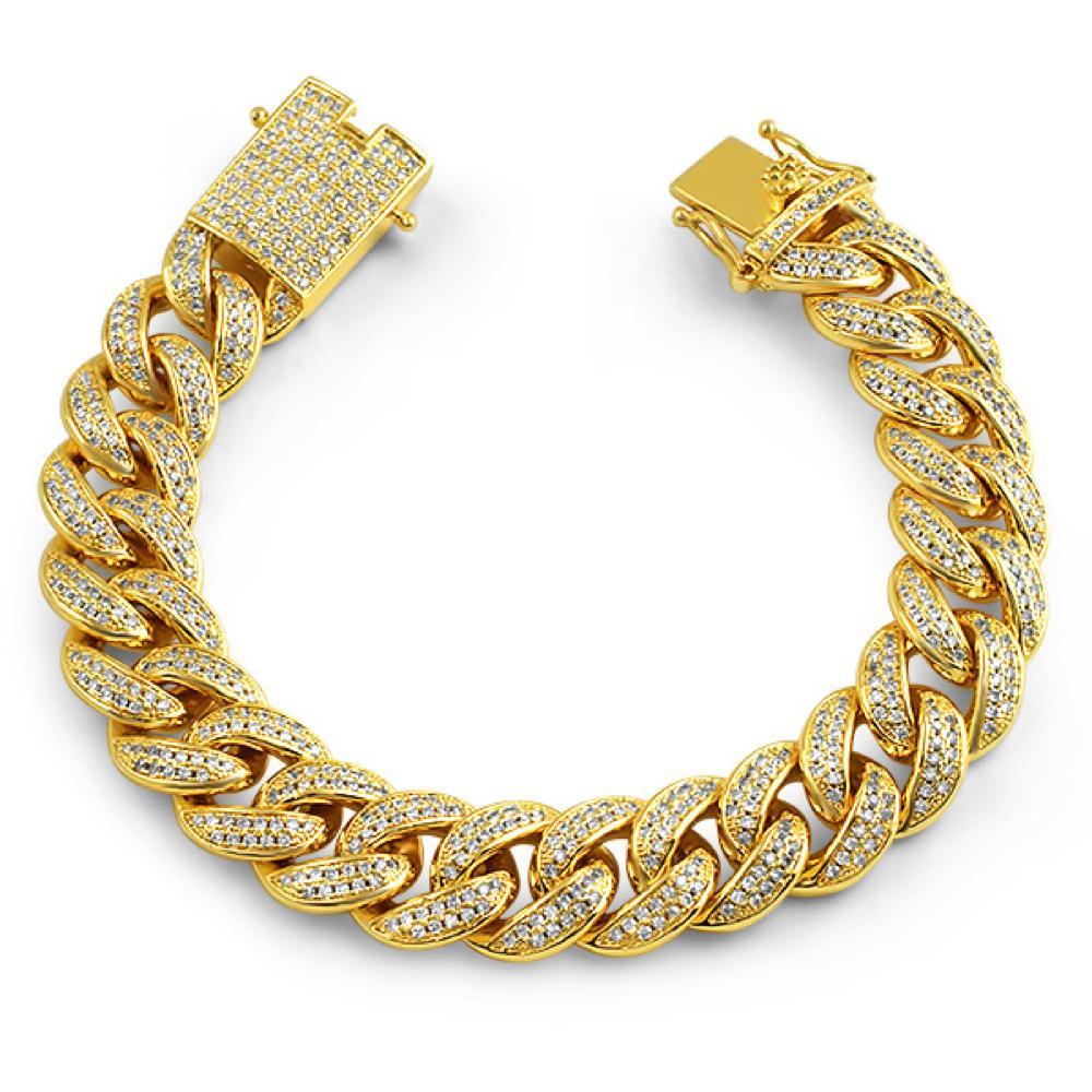 Full CZ Clasp Gold Cuban Bracelet 15MM Thick 7" Yellow Gold HipHopBling