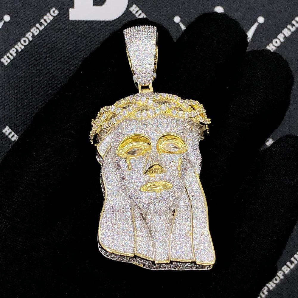 Full Pave Jesus Face VVS CZ Hip Hop Bling Pendant Yellow Gold HipHopBling