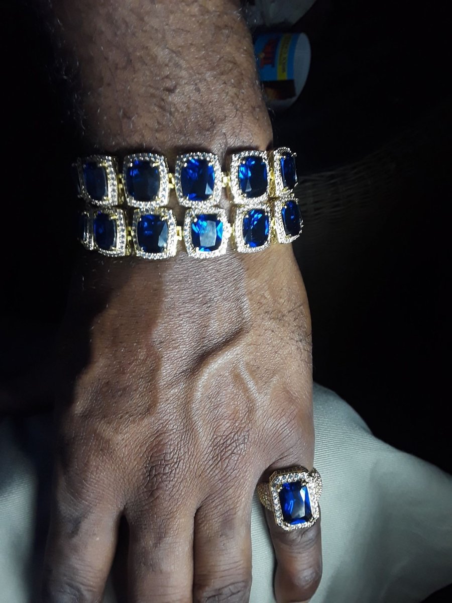 Fully iced Out Lab Sapphire Hip Hop Gold Ring 7 HipHopBling