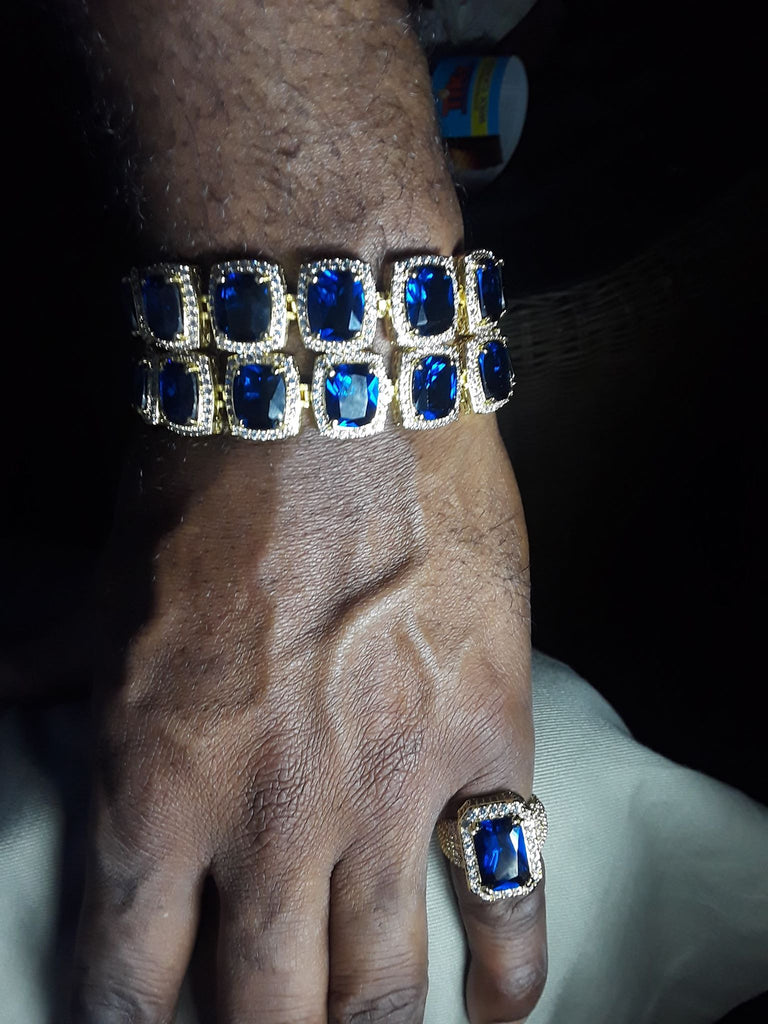 Fully iced Out Lab Sapphire Hip Hop Gold Ring HipHopBling