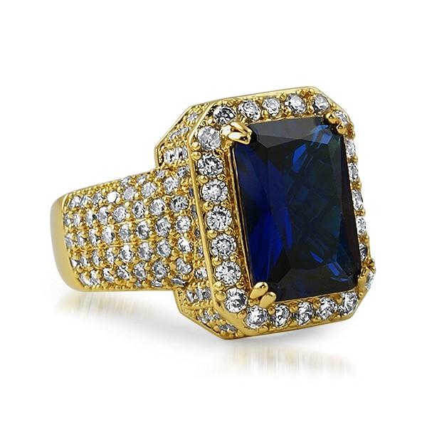 Fully iced Out Lab Sapphire Hip Hop Gold Ring HipHopBling