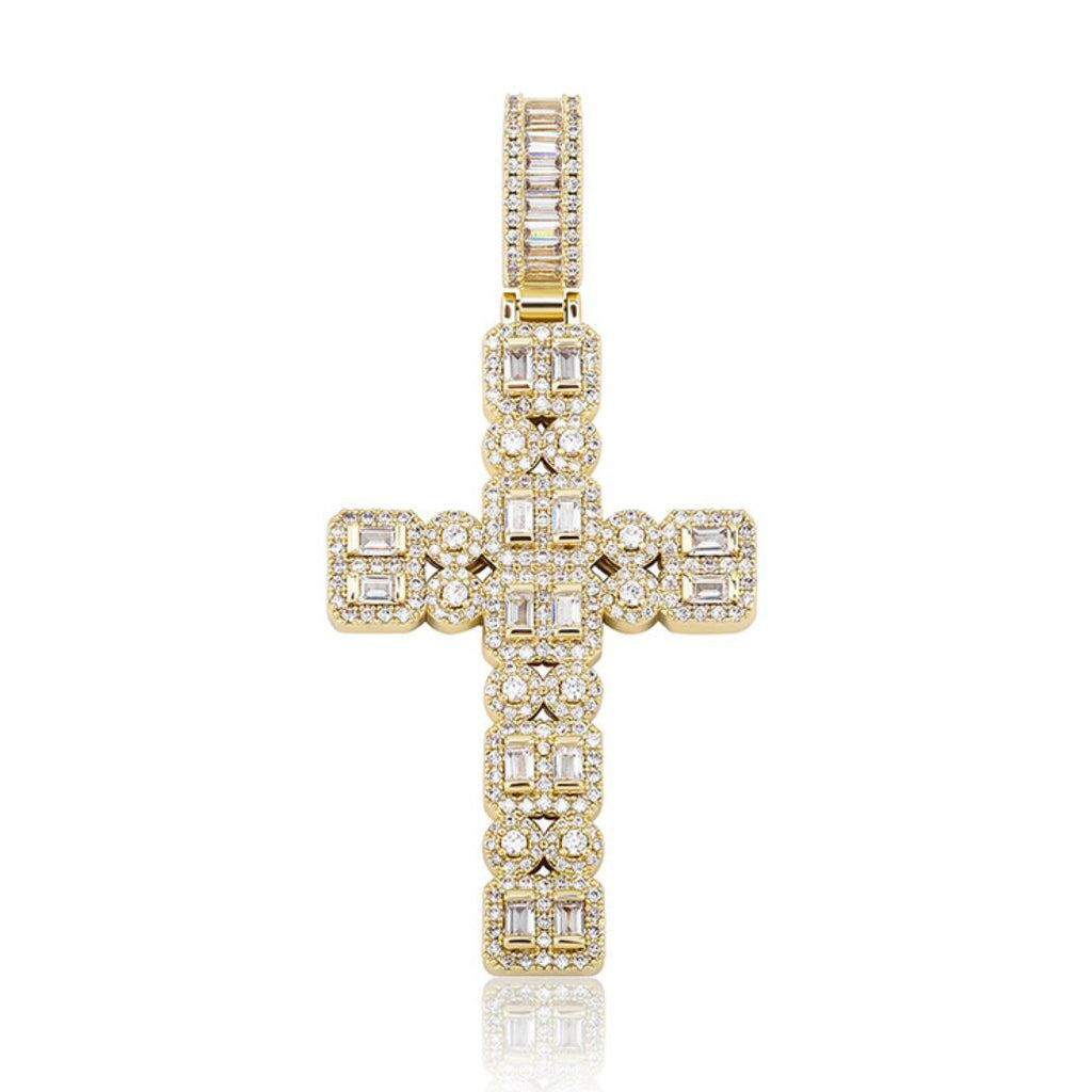 Gem Baguette Cluster Double Cross Iced Out Hip Hop Pendant Yellow Gold HipHopBling