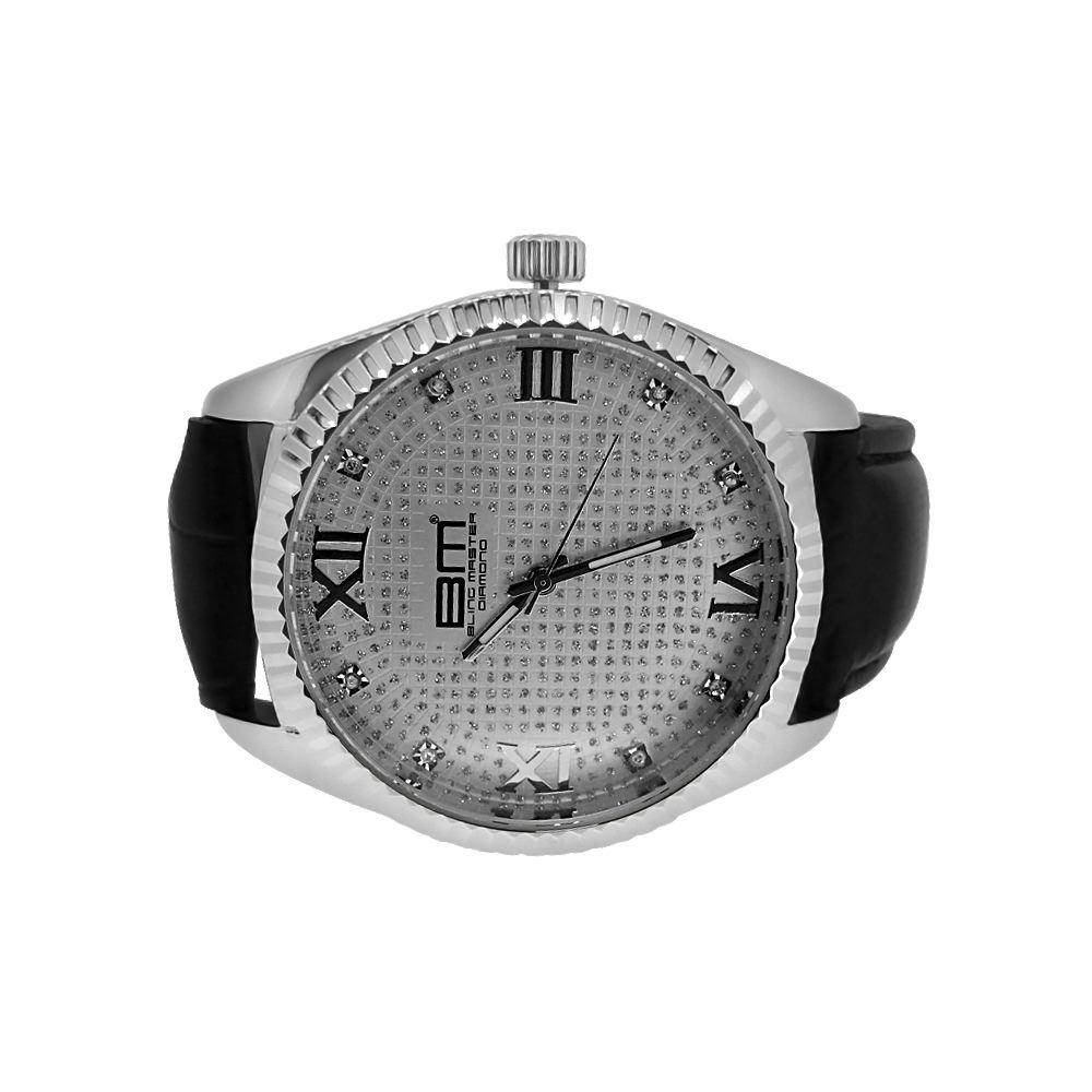 Genuine Diamond Dress Watch Silver Black Band HipHopBling