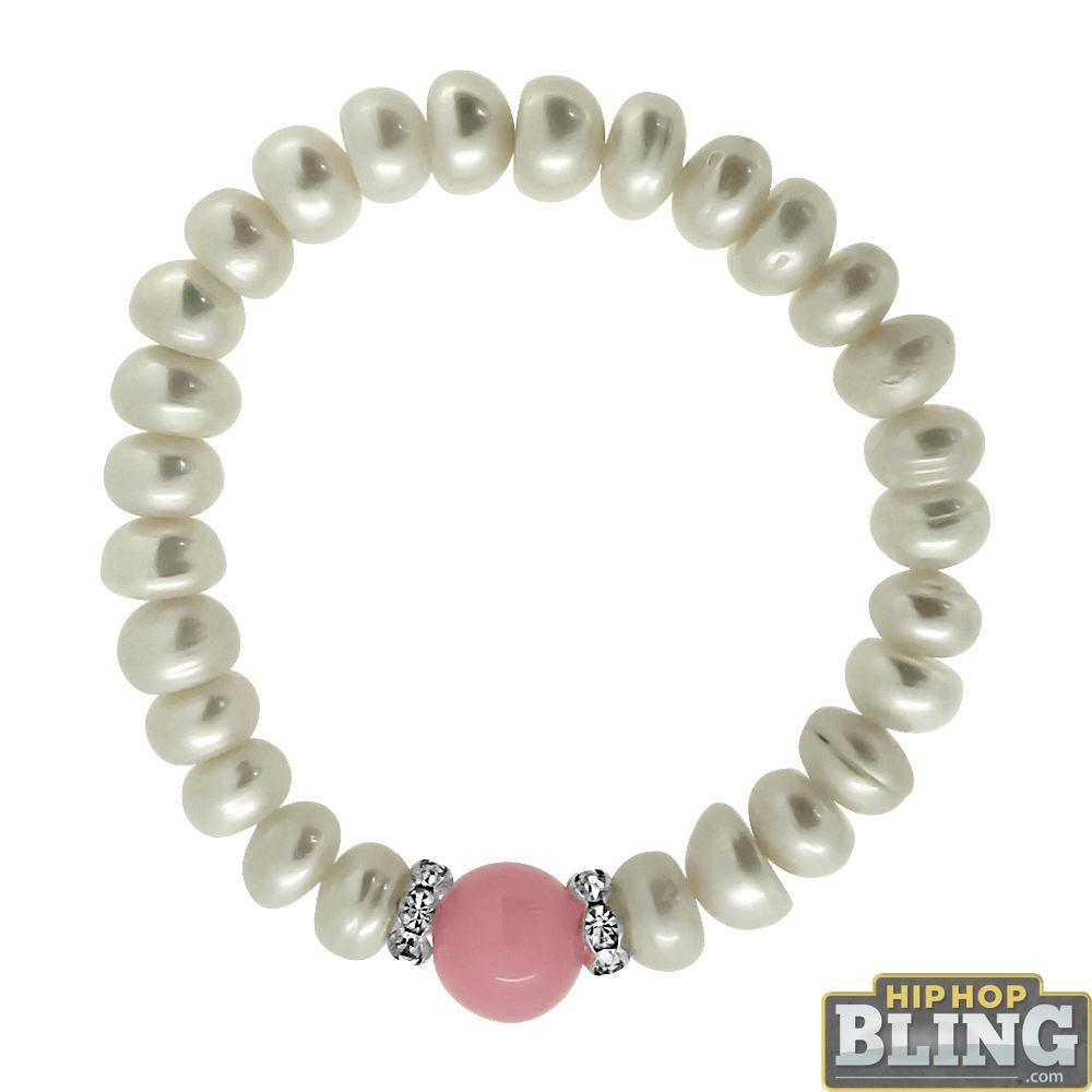 Genuine Pearl Bracelet with Pink Gemstone HipHopBling