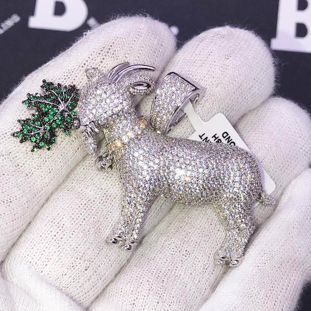 GOAT Eating Weed CZ Hip Hop Bling Bling Pendant White Gold HipHopBling