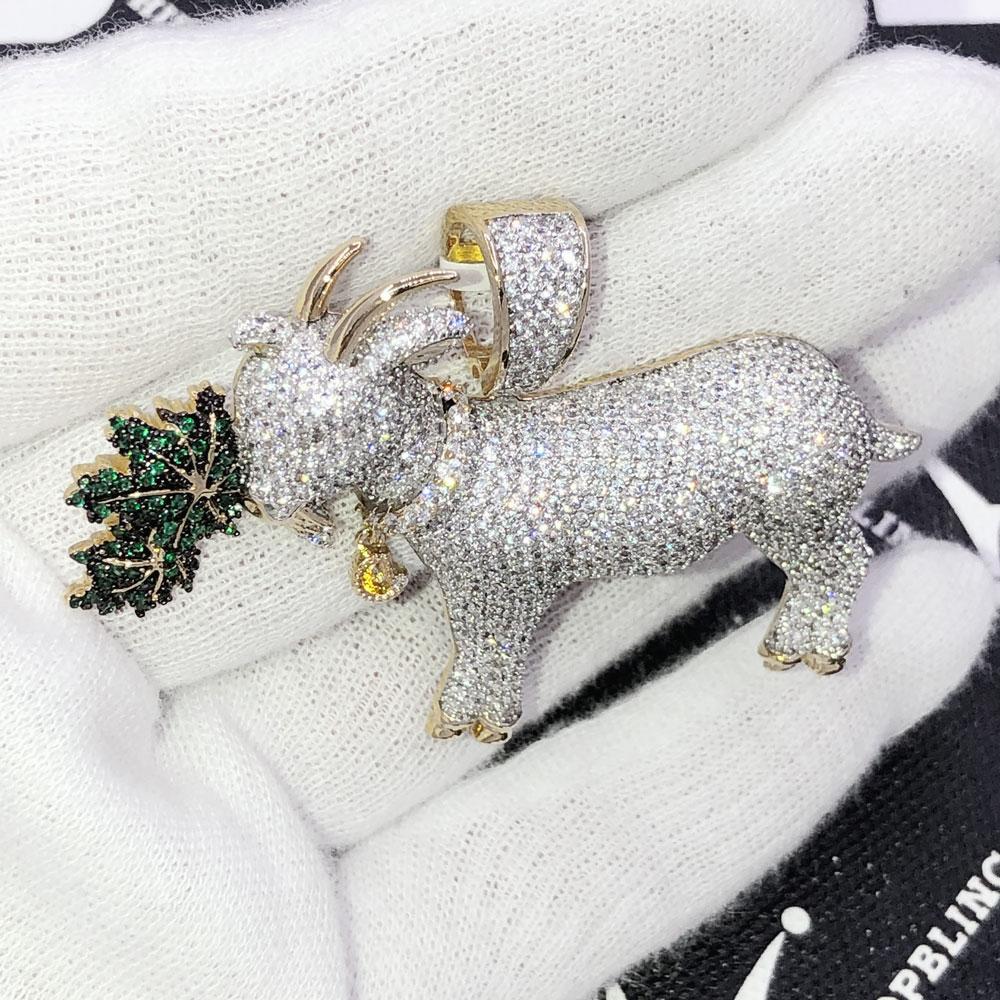 GOAT Eating Weed CZ Hip Hop Bling Bling Pendant Yellow Gold HipHopBling