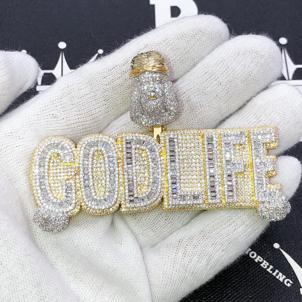 God Life Baguette CZ Hip Hop Bling Iced Out Pendant Yellow Gold HipHopBling