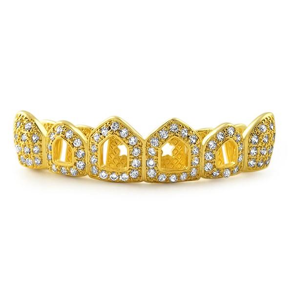Gold 4 Open Tooth CZ Bling Bling Grillz Top Teeth HipHopBling