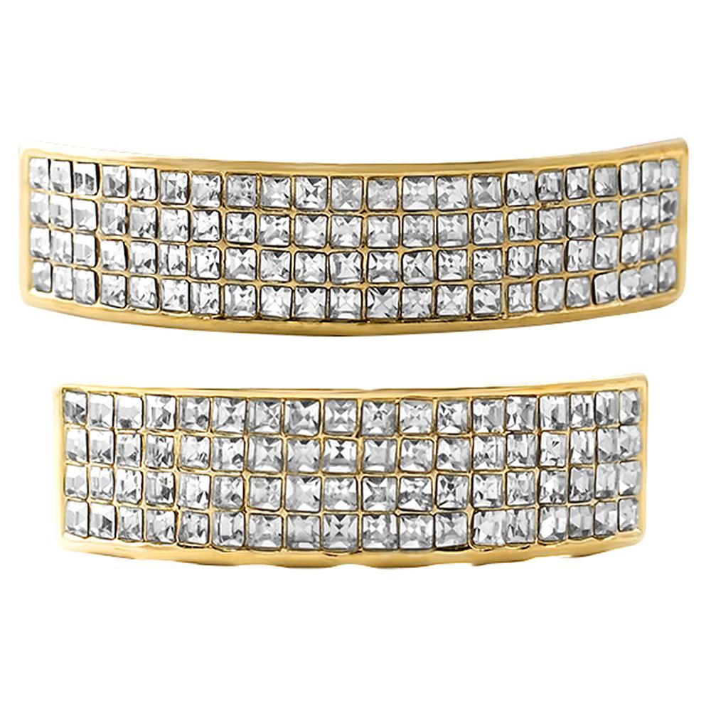 Gold 4 Row Princess Cut Grillz Top & Bottom Set HipHopBling