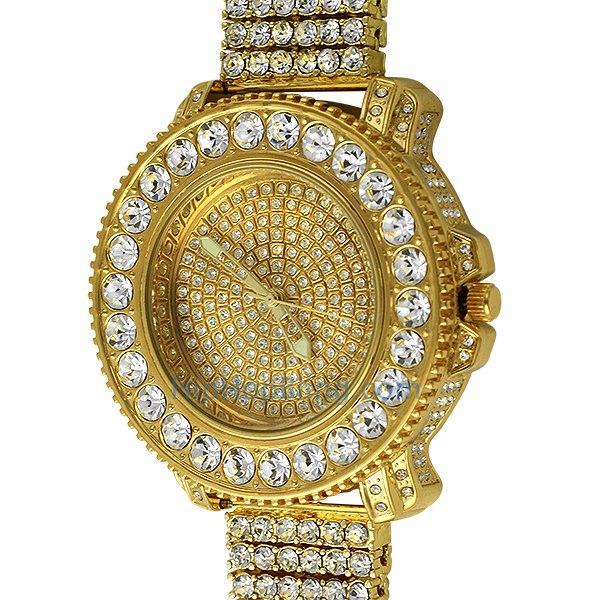 Gold Big Rocks Bling Bling Watch & 6 Row Band 9" HipHopBling