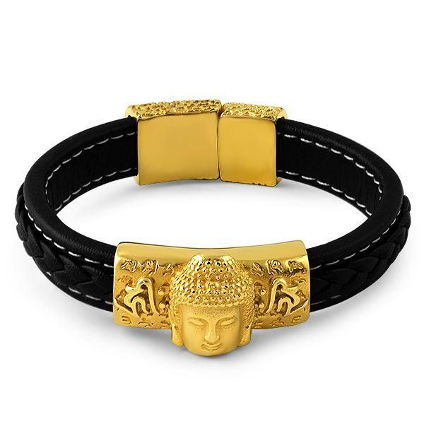 Gold Buddha Black Leather Bold Fashion Bracelet HipHopBling