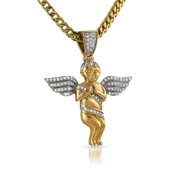 Gold Cherub Angel Mini Micro Pave CZ Iced Out Pendant HipHopBling