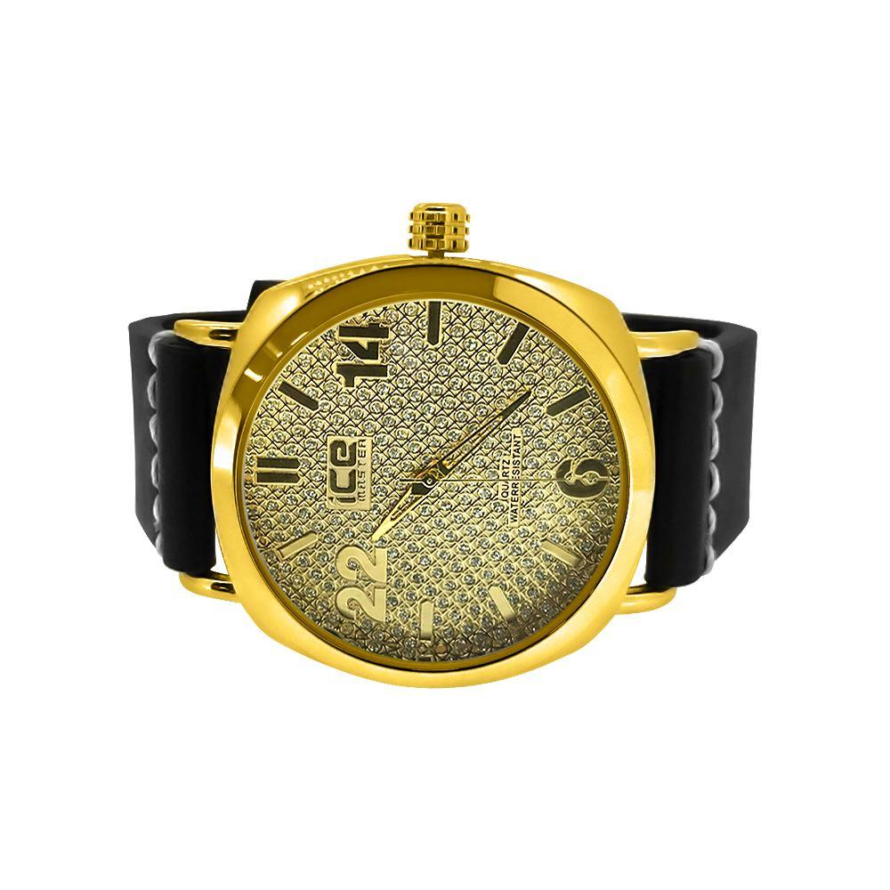Gold Clean Style Watch with Thick Leather Band HipHopBling