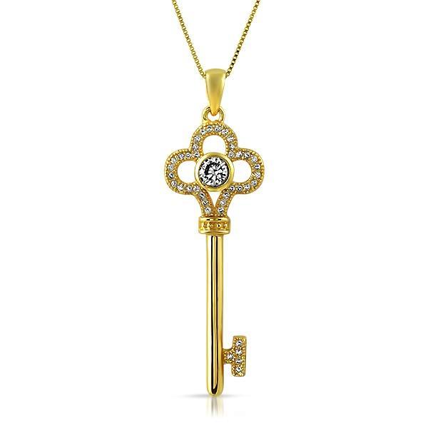 Gold Clover Key .925 Sterling Silver Pendant CZ Pendant Only HipHopBling