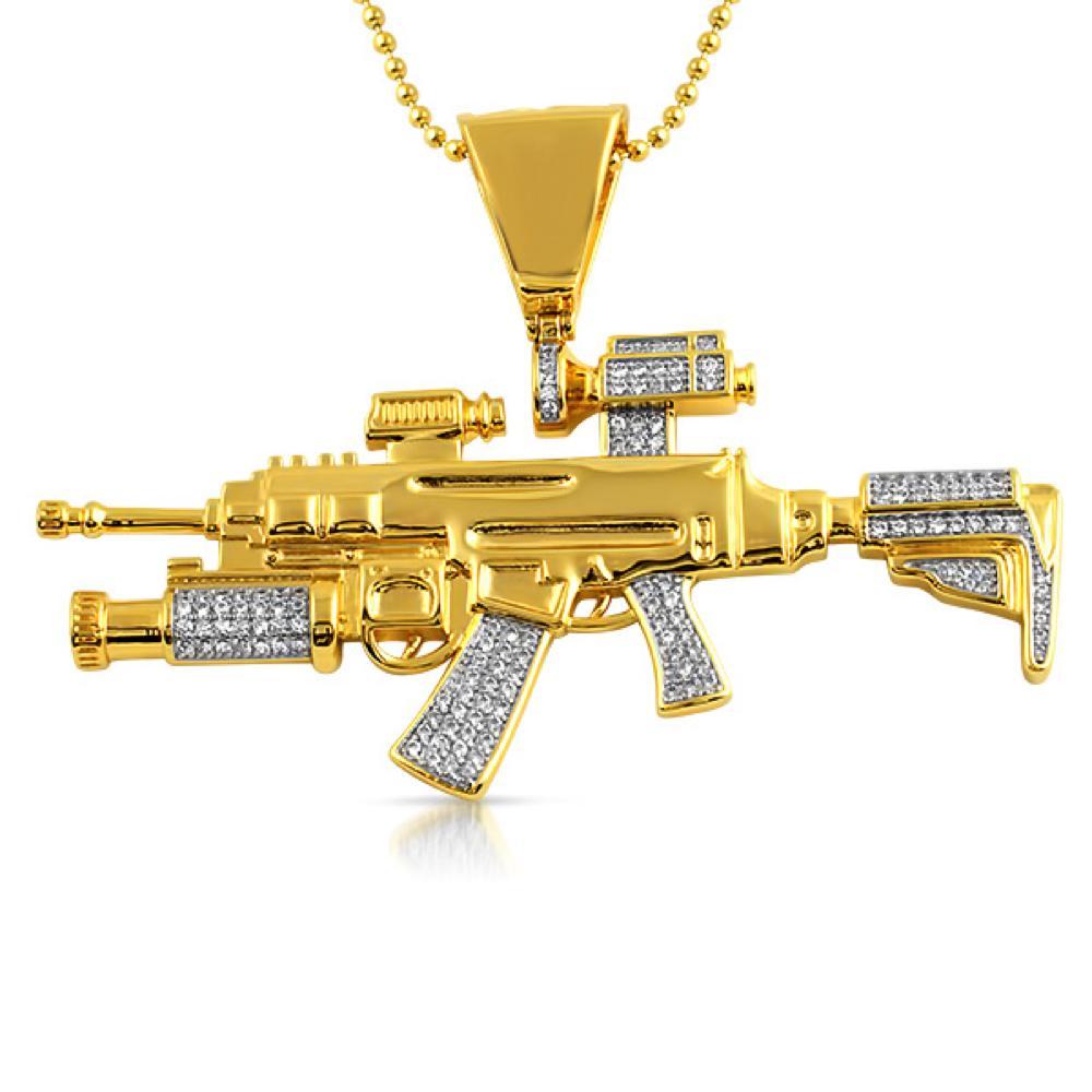 Gold CZ Military Machine Gun Bling Bling Pendant Pendant Only HipHopBling