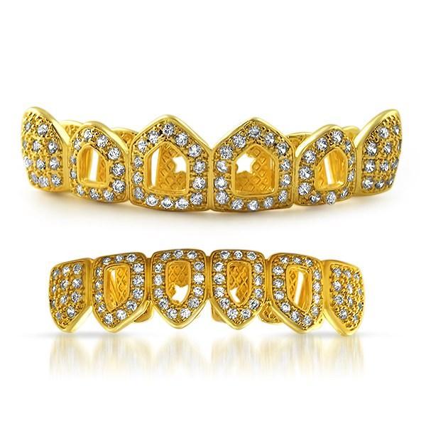 Gold Grillz 4 Open Tooth CZ Bling Bling Set HipHopBling